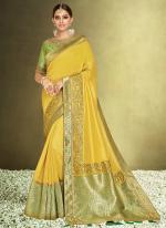 Sattin Silk Yellow Wedding Wear Embroidery Work Saree